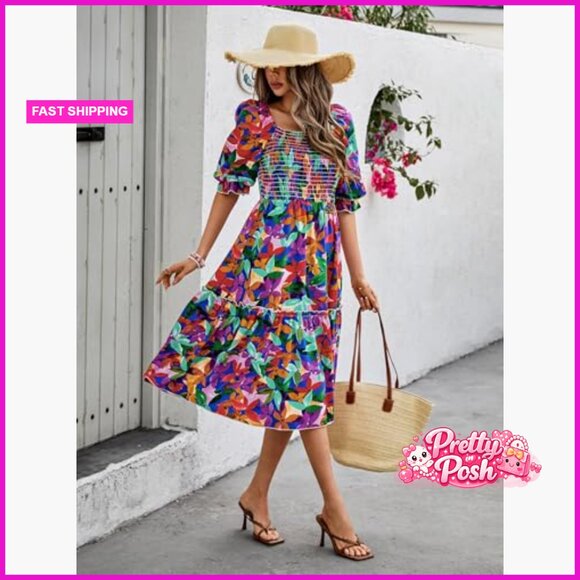 Polyester Puff Sleeve Square Neck A Line Midi Dress - Picture 4 of 7